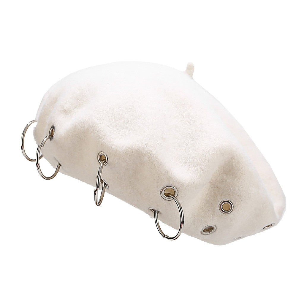 Fashion Winter Berets For Women girl Punk Rock Style Iron Rings Beret Caps Retro Wool Hats Black Woolen Painter Caps