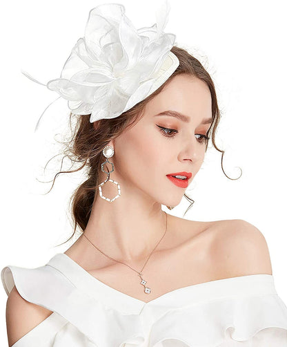 Novo Chapéu Fascinator de Organza Feminino com Flor de Pena Kentucky Derby Cocar Chapéu Pillbox para Casamento Chá da Tarde Acessórios de Cabelo com Clipe
