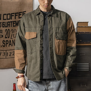 Spring and autumn new American vintage khaki loose long-sleeved shirt Japanese casual cargo shirt men's patchwork trend top
