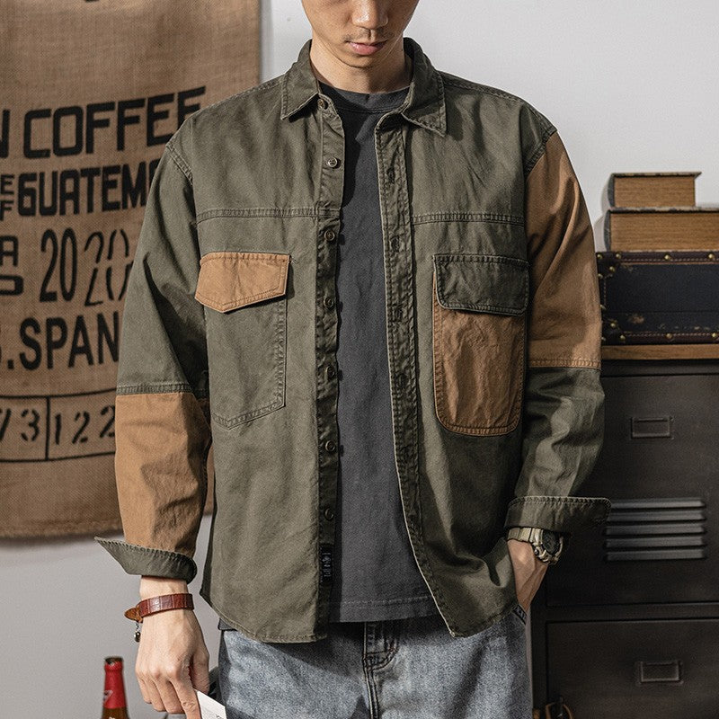 Spring and autumn new American vintage khaki loose long-sleeved shirt Japanese casual cargo shirt men's patchwork trend top
