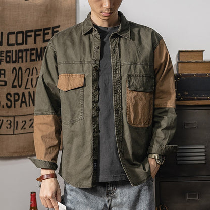 Spring and autumn new American vintage khaki loose long-sleeved shirt Japanese casual cargo shirt men's patchwork trend top