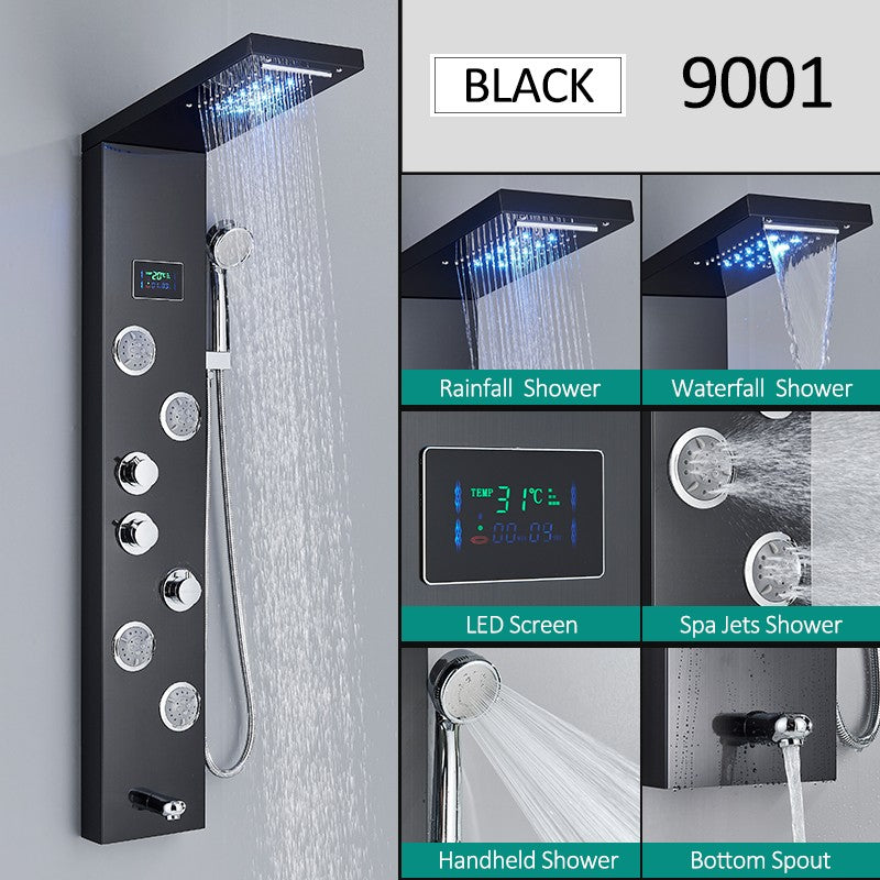 Sistema de Torre de Painel de Chuveiro de LED Coluna de Chuveiro de Cascata de Chuva com Tela LCD de Hidroeletricidade com Torneira de Chuveiro de Spa de Corpo com Massagem