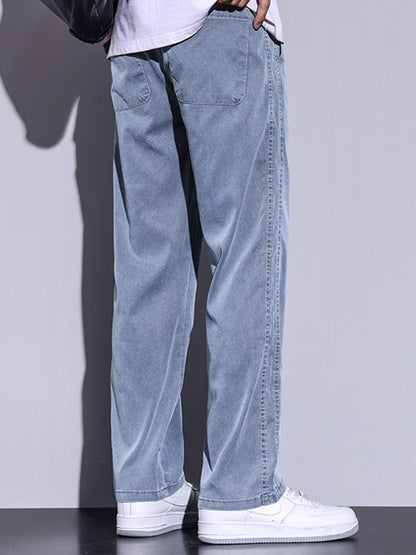 Calça Masculina de Verão Leve Fina Solta Reta Perna Larga Popular com Cordão na Cintura Elástica Coreana Tecido Lyocell Calças Folgadas