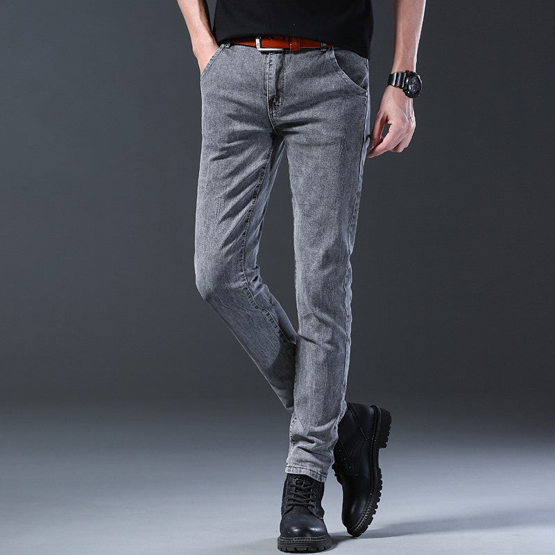 New style jeans, men's slim fit, Korean style comfortable straight leg elastic gray mid waist pants, men's casual denim pants