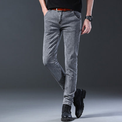 New style jeans, men's slim fit, Korean style comfortable straight leg elastic gray mid waist pants, men's casual denim pants