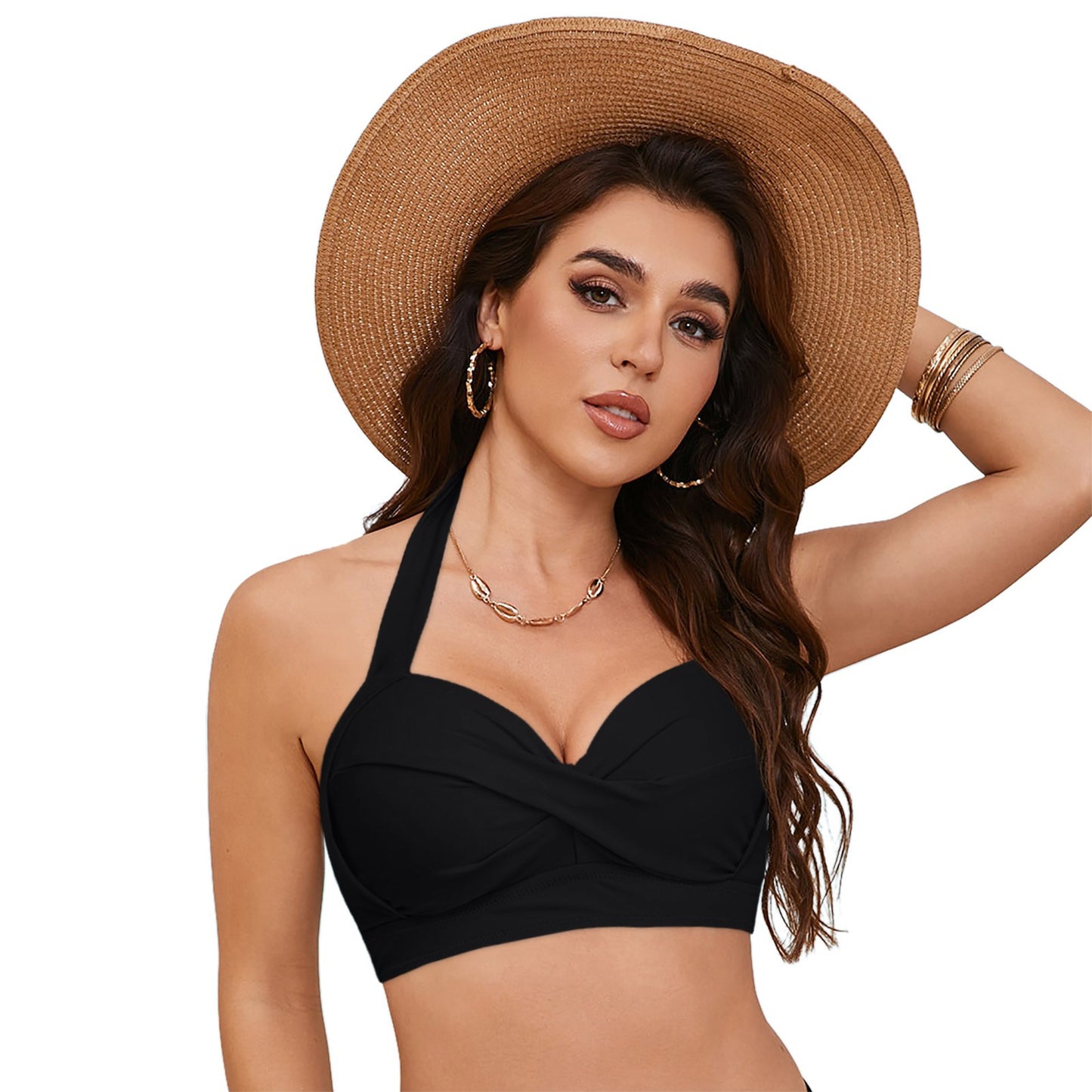 Halter Neck Push Up Bikinis Tops Women 2025 New Chest Padded Solid Swimwears Bikinis Top For Women Summer Beach Bathing Suit