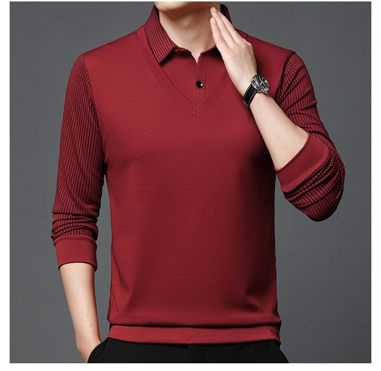 Fashion Fake Two-piece Men Long Sleeve Shirt Stripe Splice Lapel Loose Casual Pullover Tops 2025 Male Formal Business Polo Shirt