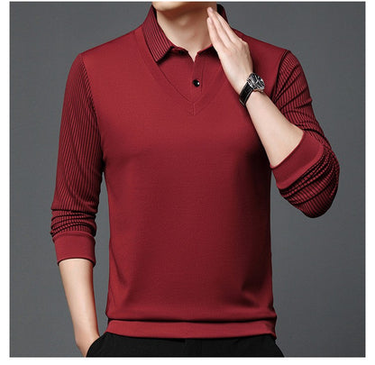 Fashion Fake Two-piece Men Long Sleeve Shirt Stripe Splice Lapel Loose Casual Pullover Tops 2025 Male Formal Business Polo Shirt