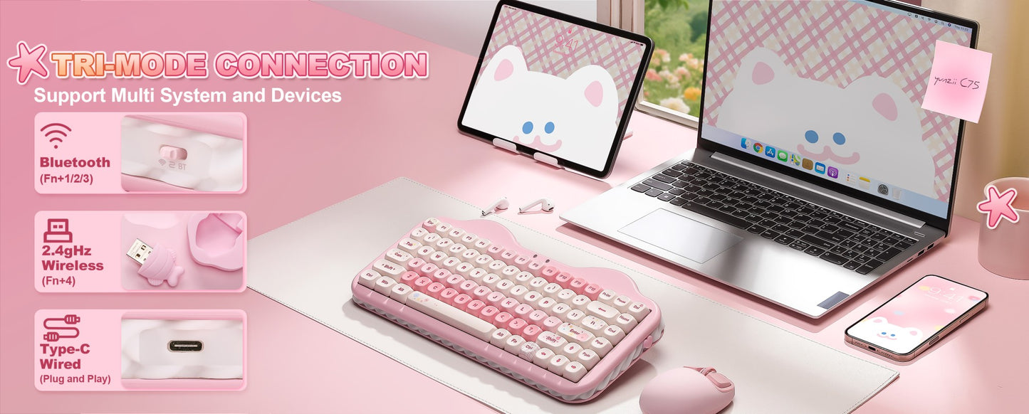 Teclado Mecânico Sem Fio Rosa YUNZII C75, Teclado RGB Hotswap Cremoso 75%, Suporte Gasket Design Cute Cake para Win/Mac/Gaming