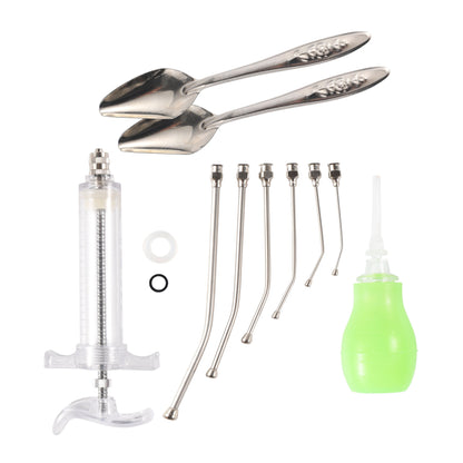 Alimentação manual de pintos e pássaros jovens de canários e pombos, conjunto de seringas de 10/20/50/100ml, 6 peças de tubo curvo de PC, colher de alimentação de metal.