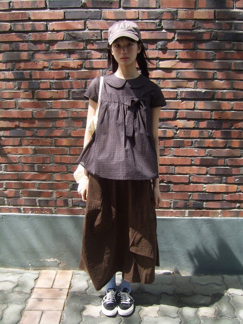 Vintage Plaid Shirts Women Japanese Harajuku Bow Peter Pan Collar Blouses Summer Korean Aesthetic Short Sleeve Casual Tops New