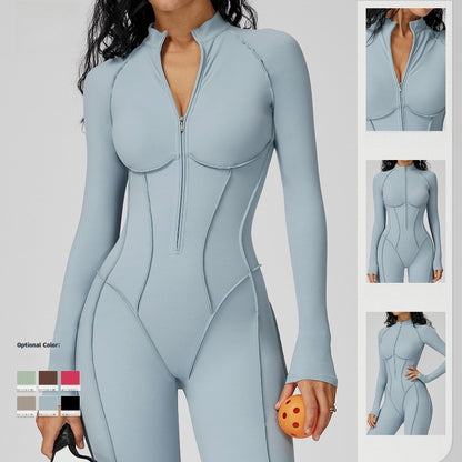 Women's Yoga Jumpsuit Long Sleeved Stand Collar Half Zip High-Intensity Workout One Piece Contrast Color Gym Fitness BodySuit