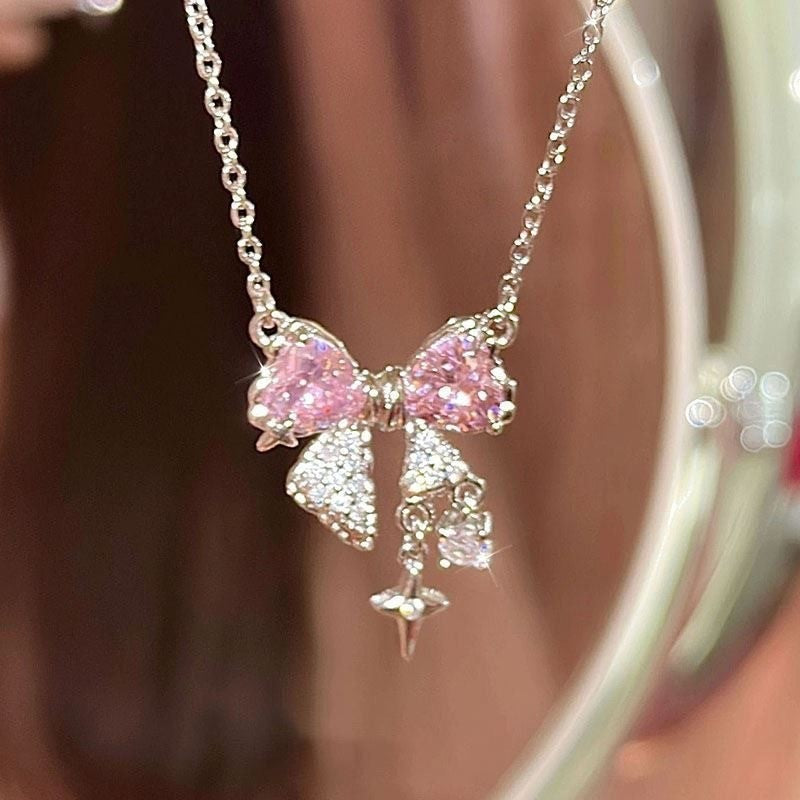 Colar de laço rosa fofo e descolado, corrente de clavícula, acessórios versáteis, luxuosos e simples.