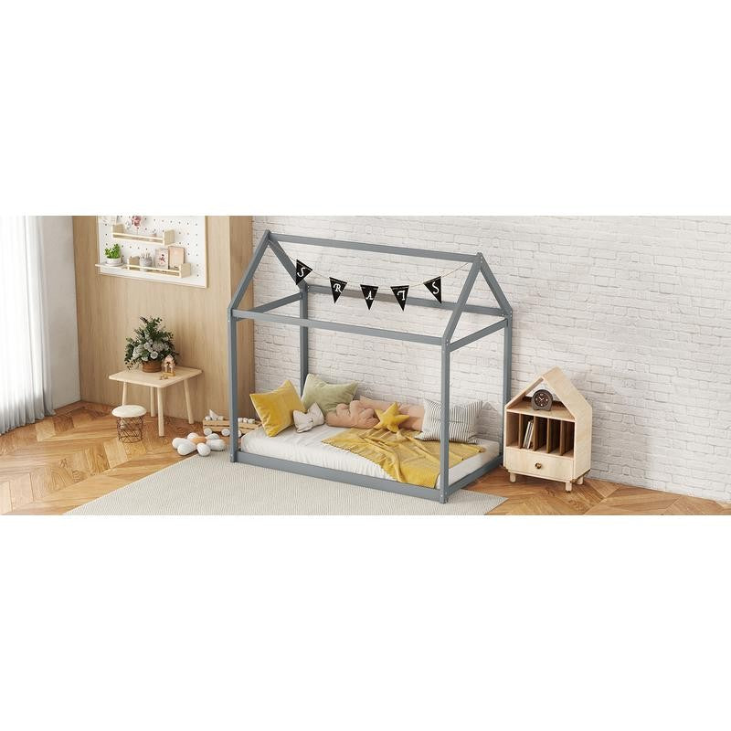 **Title:** Gray Twin Wooden House Bed for Kids - Stylish & Functional Design with Roof, Perfect for Sleeping & Playtime!