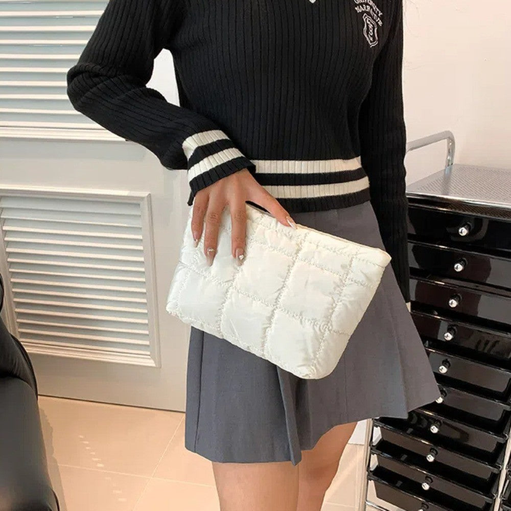 Cotton Filled Puffer Pouch PU Leather Storage Purse Puffer Padded Makeup Bag Waterproof Solid Color Thick Plaid Clutch Bag Work