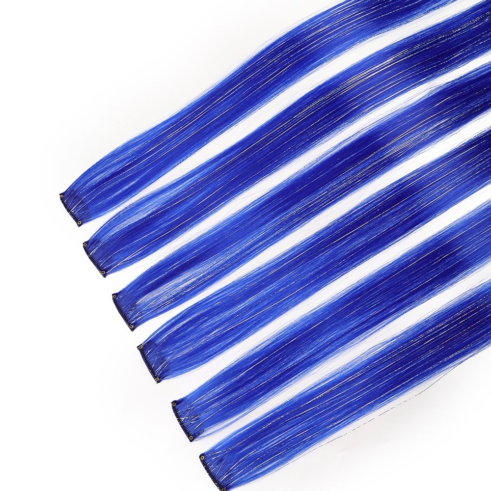 Extensões de Cabelo Sintéticas Rosa Choque com 6 Clipes, Mechas Metálicas, Extensões Coloridas de 55cm, Cabelo Arco-Íris 2 em 1