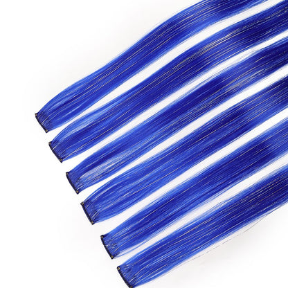 Extensões de Cabelo Sintéticas Rosa Choque com 6 Clipes, Mechas Metálicas, Extensões Coloridas de 55cm, Cabelo Arco-Íris 2 em 1