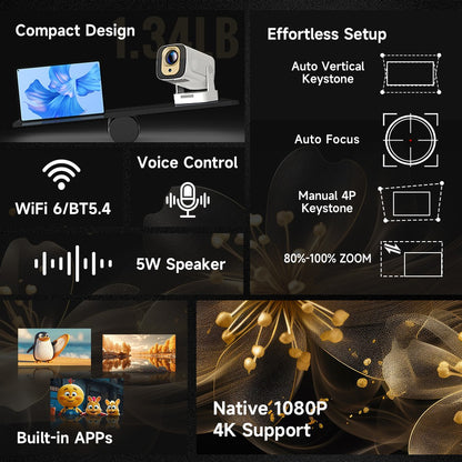 Magcubic HY310 Projetor Android 11 4K Foco Automático Nativo 1080P Nativo 330ANSI Dual Wifi BT5.4 Air Mouse Voz Filmes em Casa ao Ar Livre