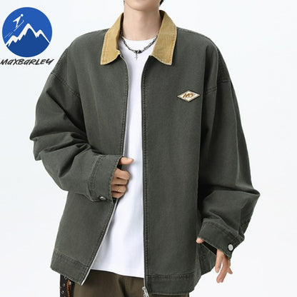 Maxbarley Trendy Cotton Jacket Men Autumn 2025 Hip-Hop Stitching Windproof Lapel Jackets K-Pop Antique Washed Motorcycle Coat