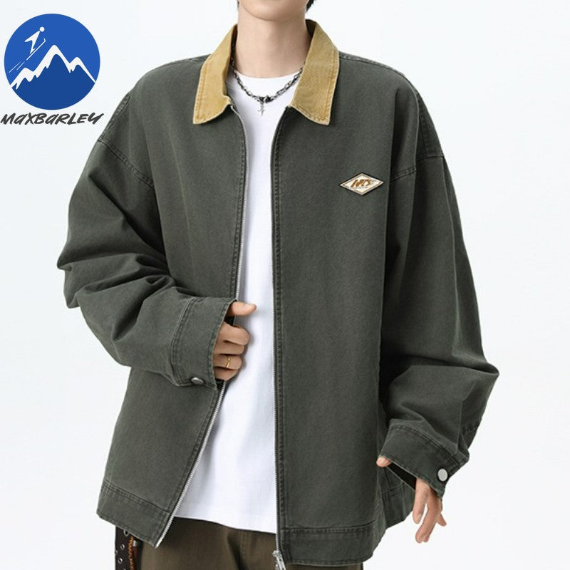 Maxbarley Trendy Cotton Jacket Men Autumn 2025 Hip-Hop Stitching Windproof Lapel Jackets K-Pop Antique Washed Motorcycle Coat