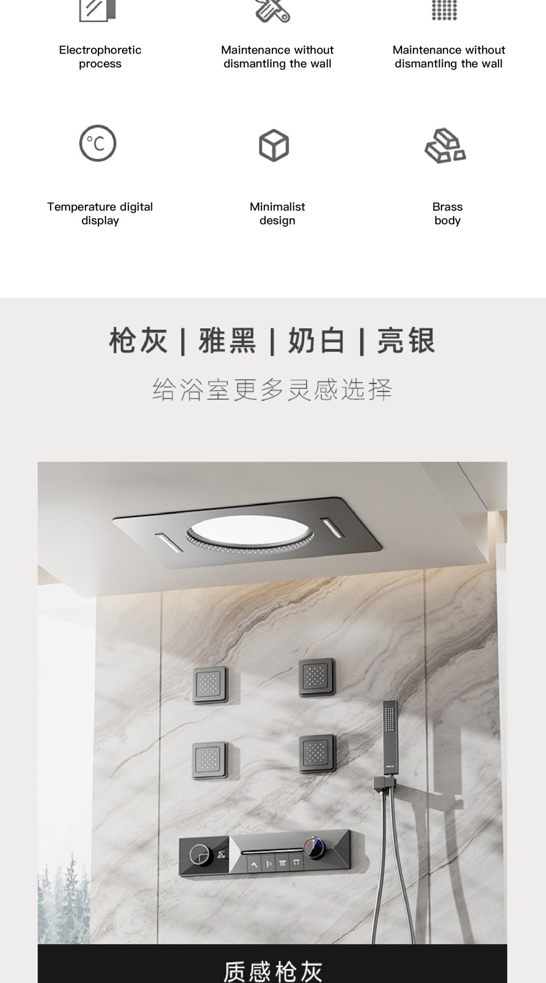 AITANA sistema de chuveiro de luxo em latão cinza arma, embutido no teto, com temperatura constante e display digital LED, torneira de banheiro com água quente e fria