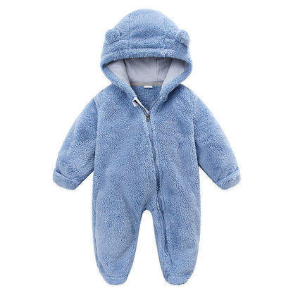 0-12M Baby Plush Warm Jumpsuits Boys Girls Long Sleeve Hooded Zipper Romper Newborn Infant Fall Winter Clothes