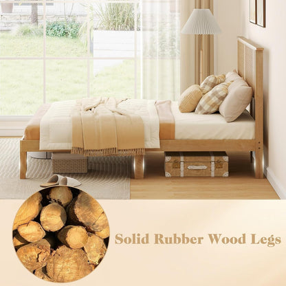Full Size Wood Platform Bed Frame with Rattan Headboard, Boho Rubber Wood Bed Frame with Plywood Slats & Under-Bed Stora