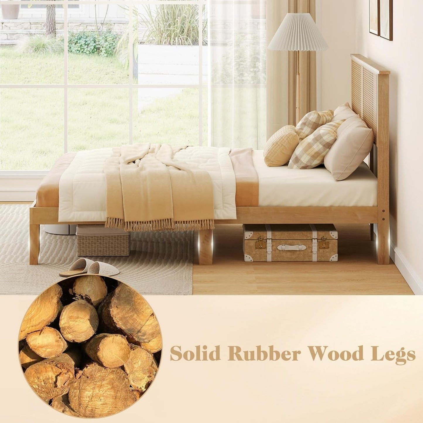 Full Size Wood Platform Bed Frame with Rattan Headboard, Boho Rubber Wood Bed Frame with Plywood Slats & Under-Bed Stora