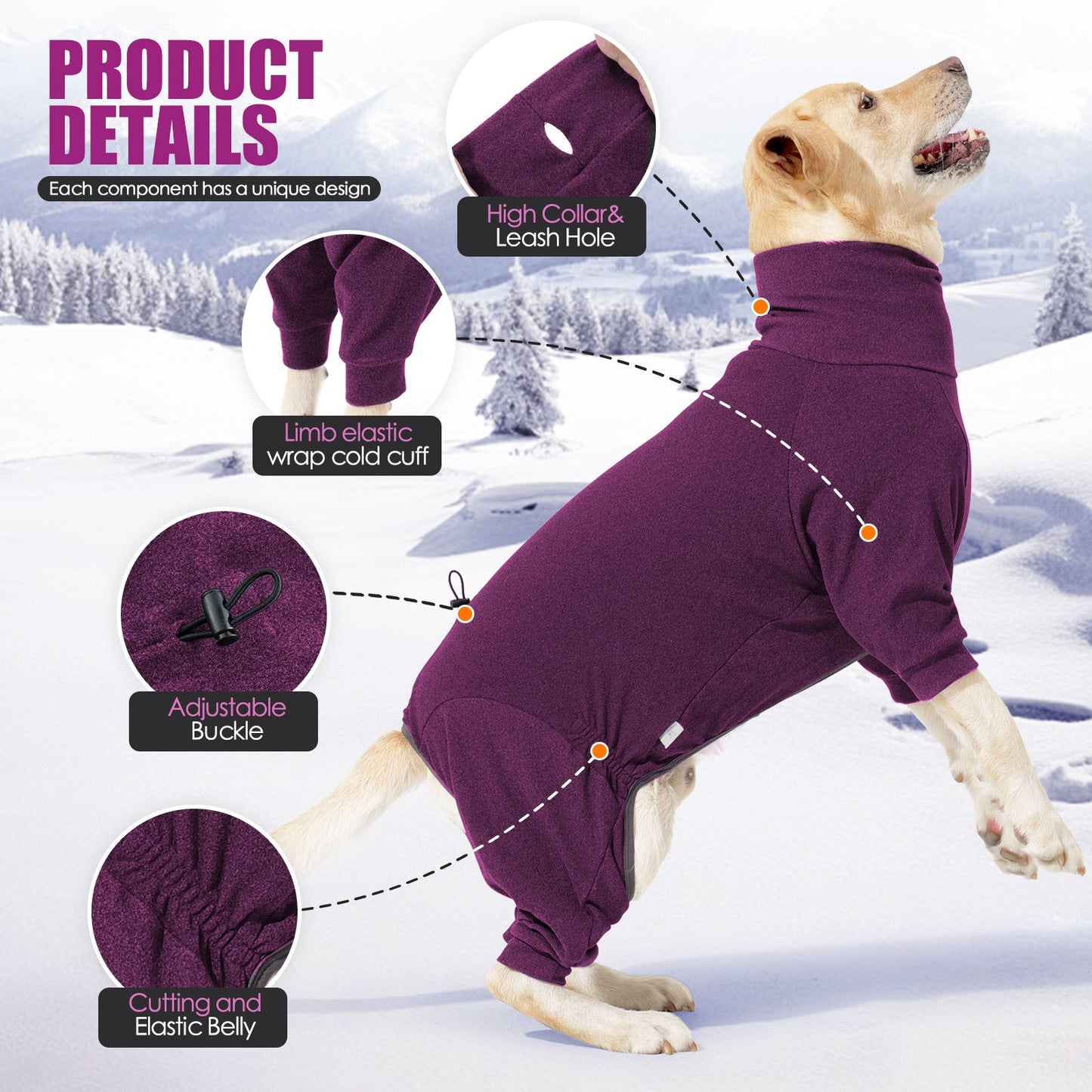 Roupa Quente para Cães à Prova de Vento com Lã, Inverno, Gola Alta, Macacão Completo para Cães Grandes com 4 Patas, Ajustável e Macio
