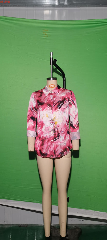 Women's Purple Long-Sleeve Shirt for Fall, Single-Button Collar Print Shirts, Fashionable Fitted Top for Girls.