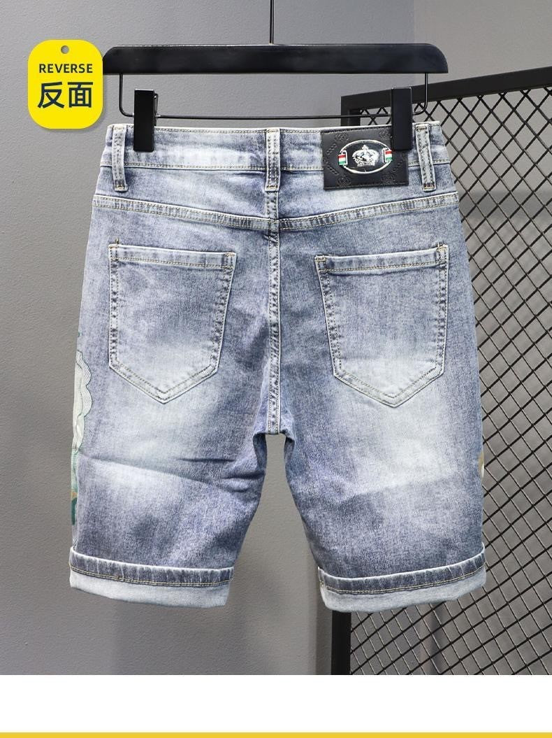 Summer 2024 New Fashion Trend Printed Stretch Cotton Shorts Men's Casual Sashimi Comfort High Quality Plus-Size Denim Shorts