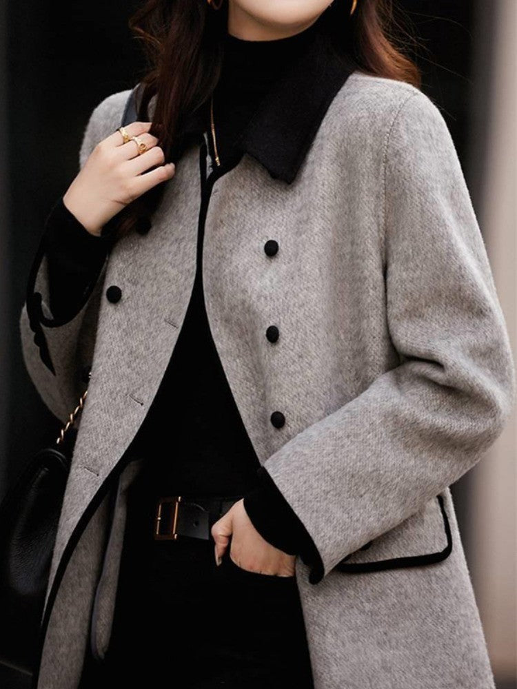 Onecozyday Women's Grey Double Breasted Coat Notched Collar Long Sleeves Loose Fit Outerwears 2025 Fall New Tweed Coats