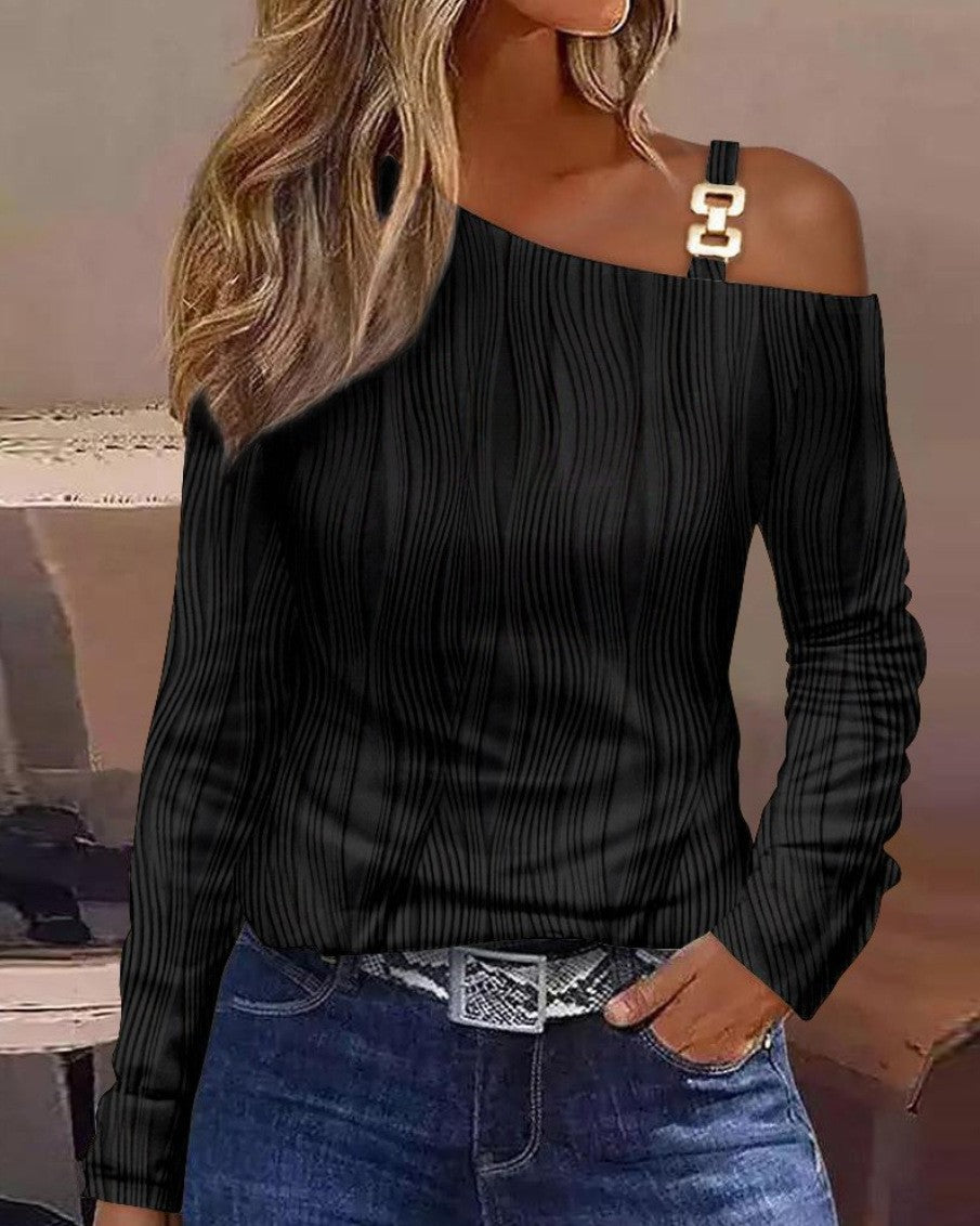 Elegant Women Sexy Loose Blouse 2025 Spring Winter One Shoulder Hollow Out Chain Hanging Neck Printed Button Fashion Female Tops