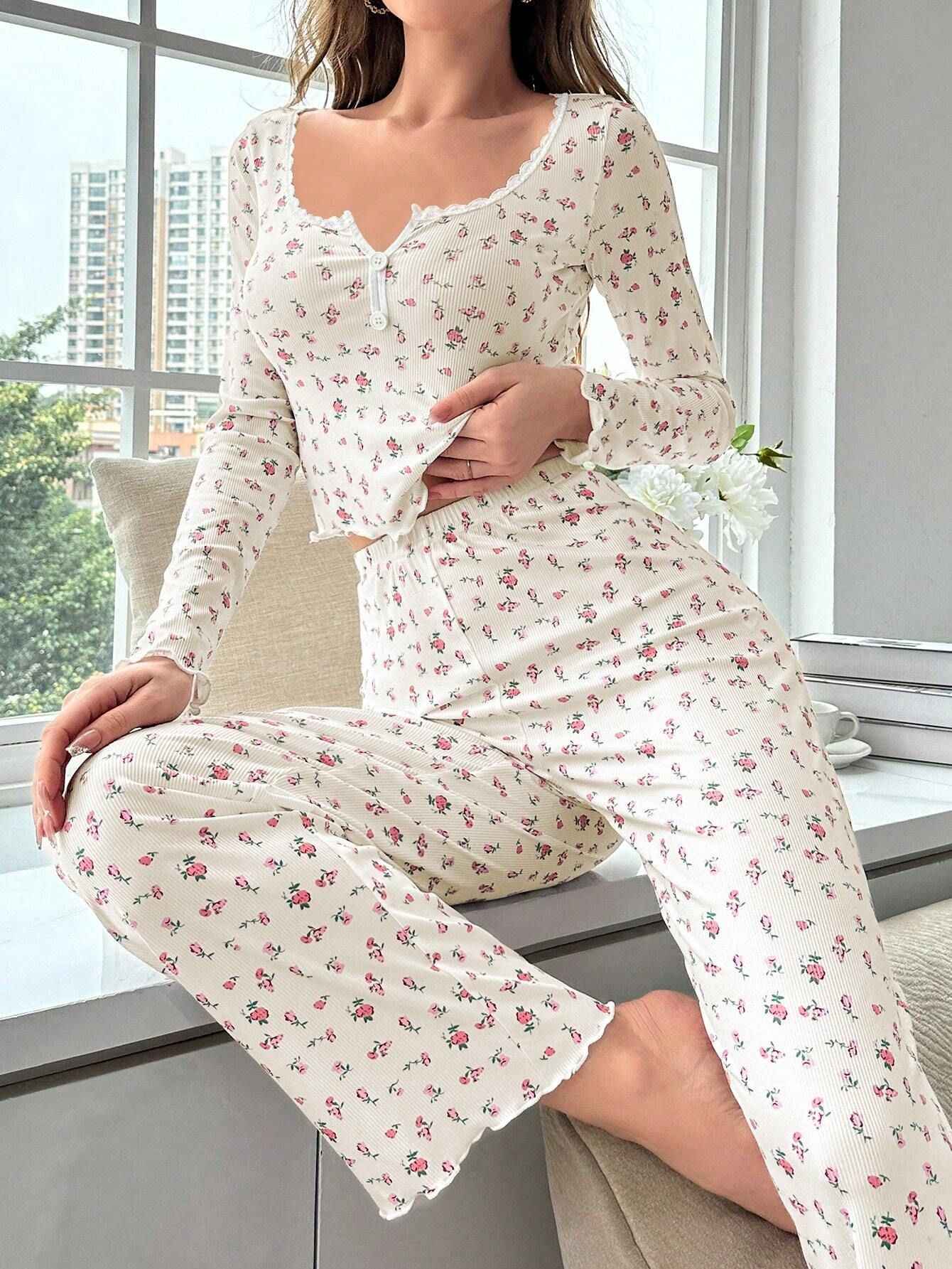 Autumn Winter Pajamas Set Women Sleepwear Floral Print Lettuce Trim Top with Long Pant Lovely Loungewear Full Sleeve Nightwear