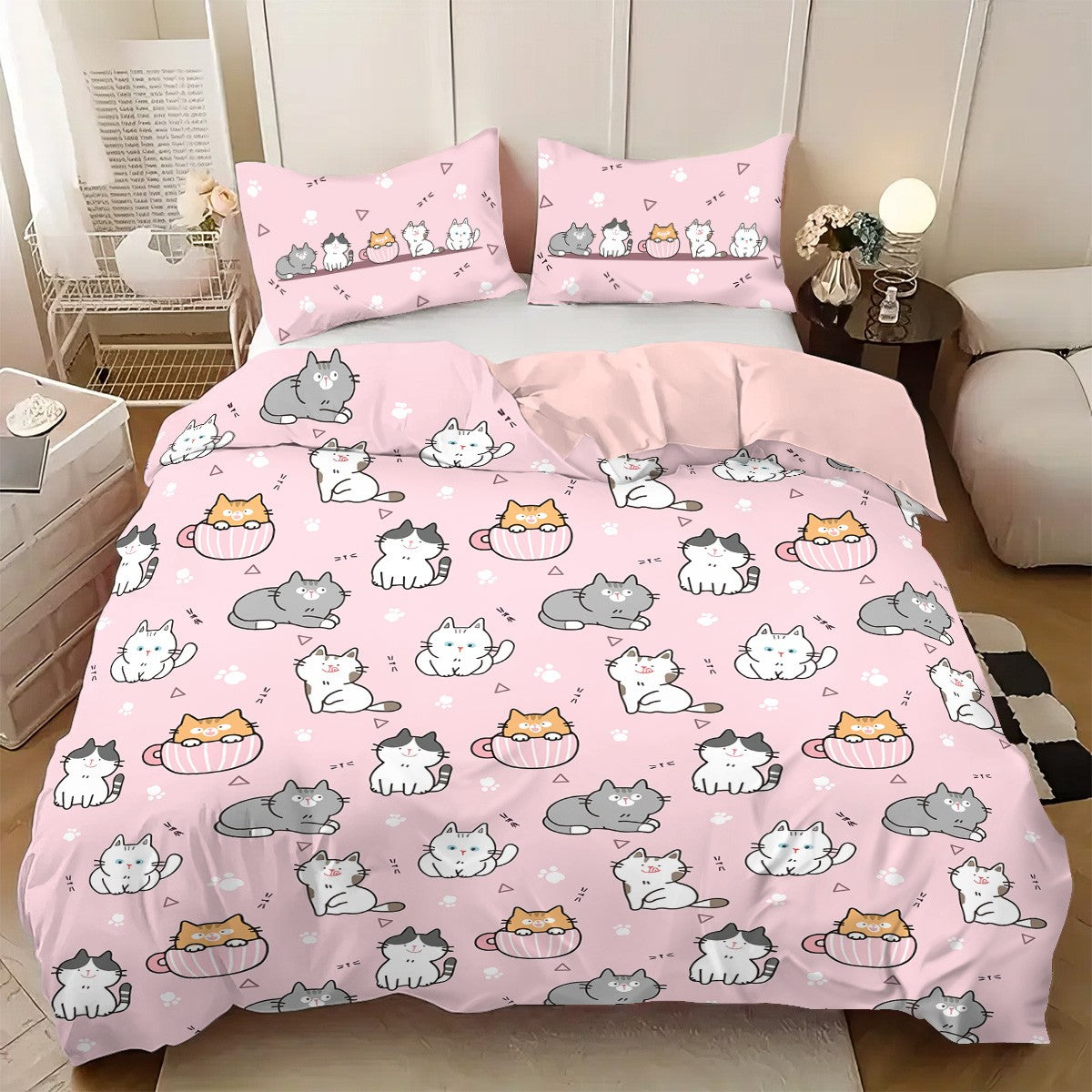 3pcs (1 duvet cover, 2 pillowcases, coreless), pink cute cartoon cat element printed bedding set, soft and comfortable