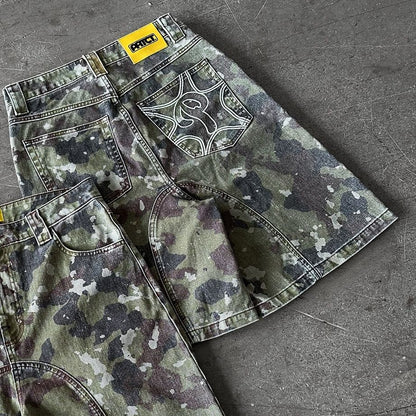 Retro Leaves Camouflage Denim Shorts Y2K Jeans Men Hip Hop Lettering Embroidery Retro Baggy Shorts Low Waist Over The Knee Pants