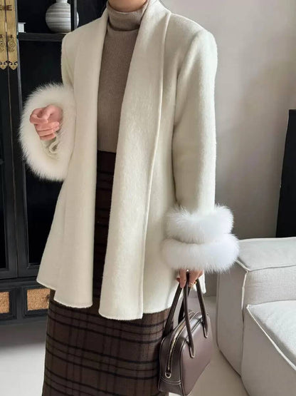 UCXQ Casaco Feminino Elegante OL para Escritório com Retalhos de Pelo Manga Comprida Lã Jaqueta de Roupa Feminina Bonita Outono Inverno 2025