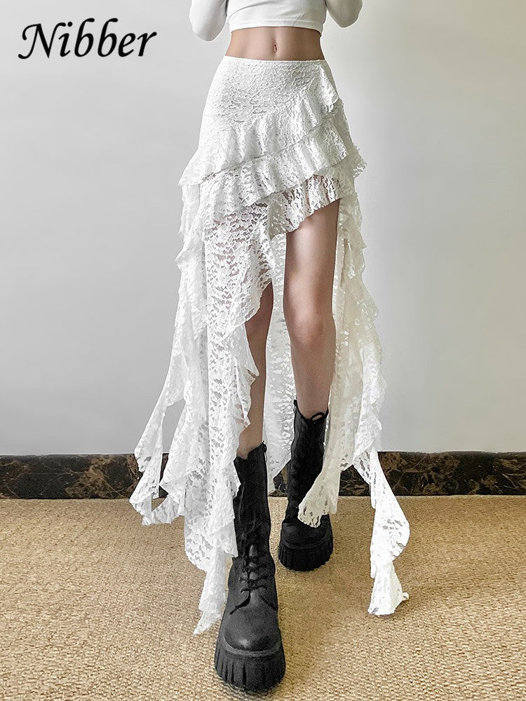 Nibber Tassels Women Skirts Irregular Hem Multi-Layered Ruffles Lace Patchwork S