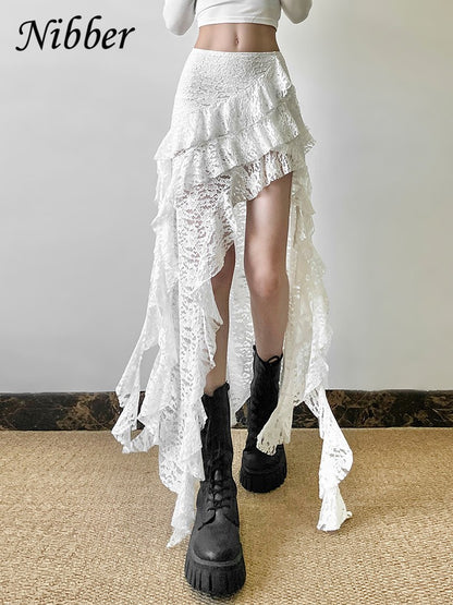 Nibber Tassels Women Skirts Irregular Hem Multi-Layered Ruffles Lace Patchwork Sweet Summer Trend Daily Skinny Versatile Bottoms