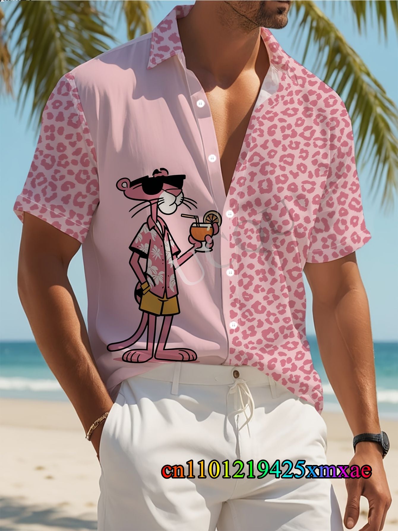 Summer New Men's Lapel Short Sleeve Hawaiian Shirt Leopard & Pink Panther Print Hawaii Vacation Casual Fashion Kids/Adult Tops