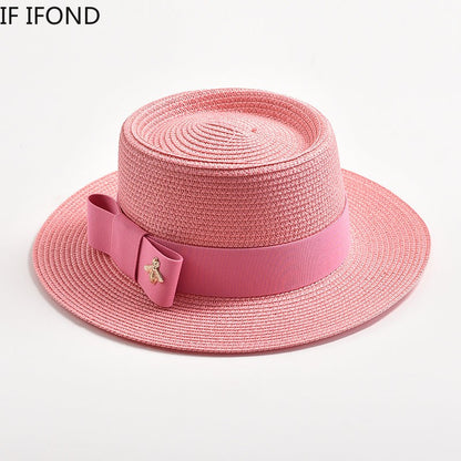 Novos Chapéus de Palha Primavera Verão Femininos de Superfície Ondulada, Topo Reto, Laço, Boné de Vestido, Chapéu de Sol para Viagem e Praia, Gorra