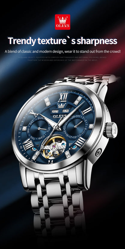 OLEVS Men's Watches Skeketon Flywheel Automatic Mechanical Original Wristwatch for Man Waterproof Luminous Perpetual Calendar