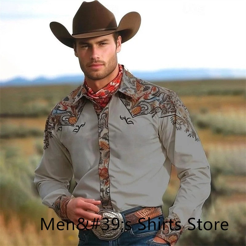 Vintage Men's Shirt 3D Printing Western Cowboy Shirt Casual Fashion Daily Vacation Long Sleeve Shirt Hawaiian Men's Clothing