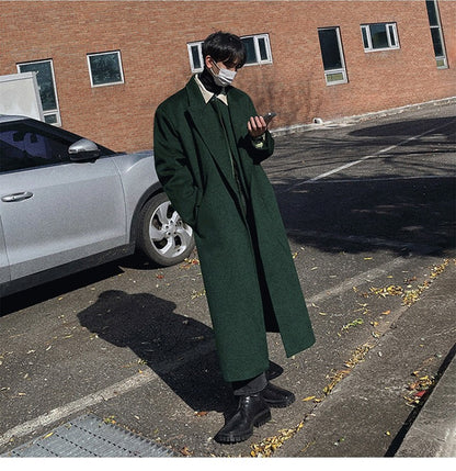 Mauroicardi Autumn Winter Long Warm Oversized Soft Dark Green Black Woolen Coat Men Loose Casual Korean Wool Blends Overcoat