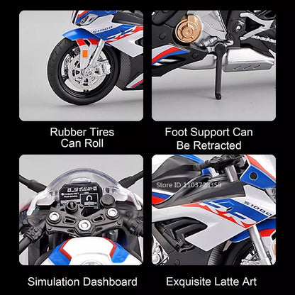 1:12 RRS1000 S1000RR Modelo de Brinquedo Motos de Liga Fundida Motocicletas Amortecimento Roda Dianteira Direcionável Pneus de Borracha Presente para Meninos