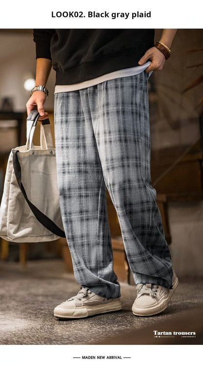 Maden Calça Cargo Xadrez Masculina Vintage Primavera Leve Caimento Solto Cintura com Cordão Calças Retas Casuais Perna Larga