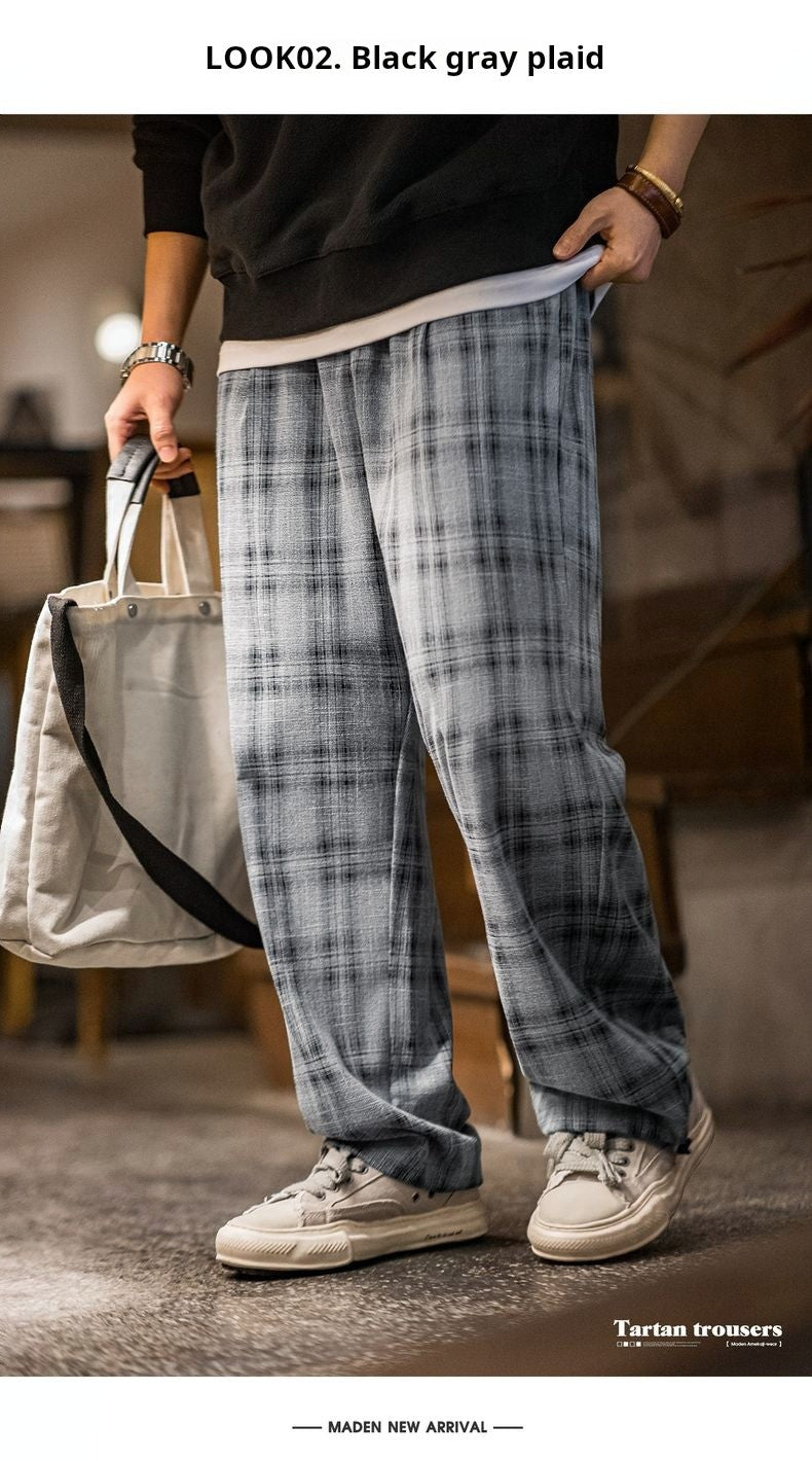 Maden Calça Cargo Xadrez Masculina Vintage Primavera Leve Caimento Solto Cintura com Cordão Calças Retas Casuais Perna Larga