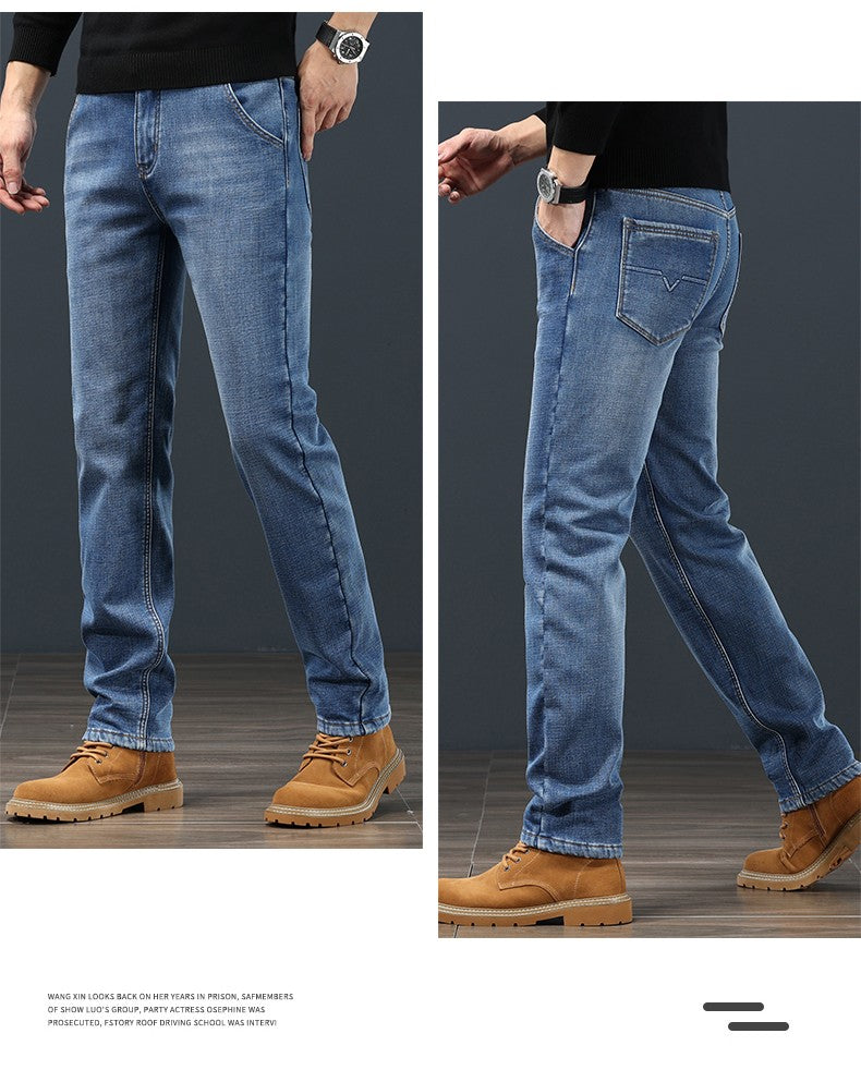 2024 Winter Warm Jeans Men's Fleece Thickened Slim Straight Trousers Fashion Stretch Cotton Casual Denim Pants Brand Clothes