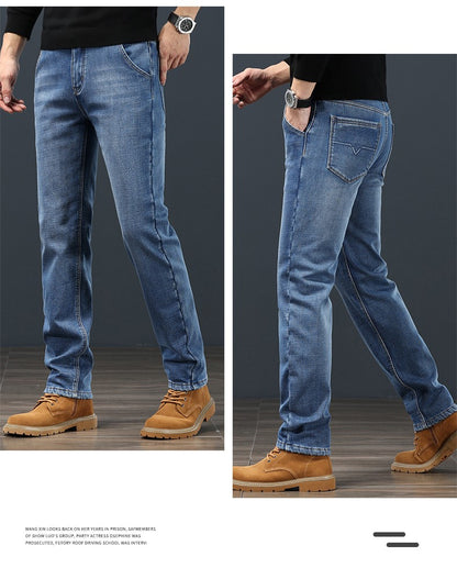 2024 Winter Warm Jeans Men's Fleece Thickened Slim Straight Trousers Fashion Stretch Cotton Casual Denim Pants Brand Clothes