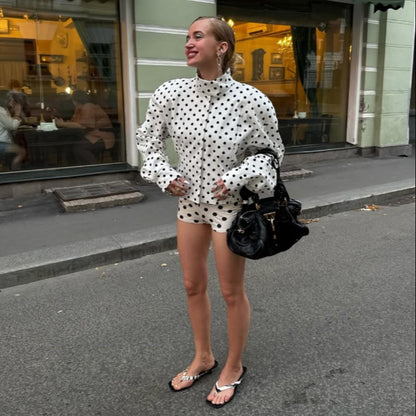 Polka Dot Stand Neck Short Jackets Women Fashion Long Sleeve Patchwork Contrast Slim Coats Casual Lady Street Commute Outerwear